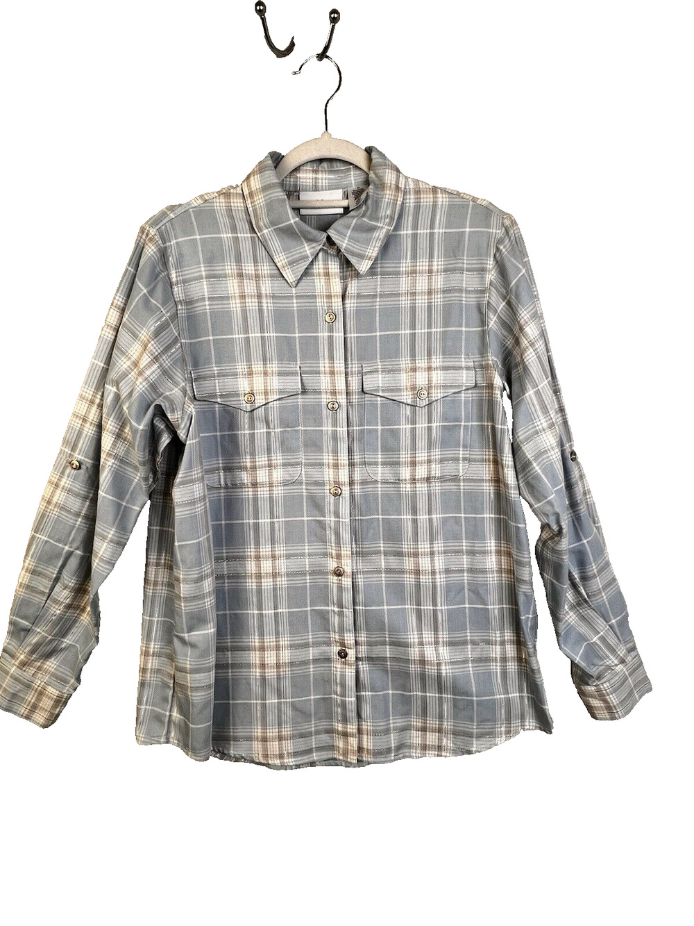 Alfred Dunner Shirt Women 12 Blue Whire Plaid Metallic Western Casual Work
